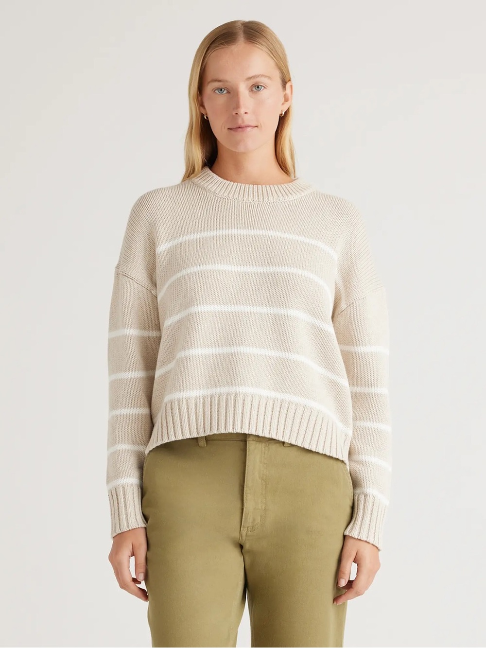 Quince 100% Organic Cotton Striped Crew Sweater In Speckled Beige/Ivory Medium